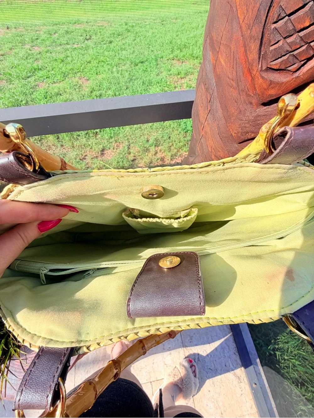 Lime Green Straw Woven Handbag Bamboo Handles Summer Beach Resort Purse